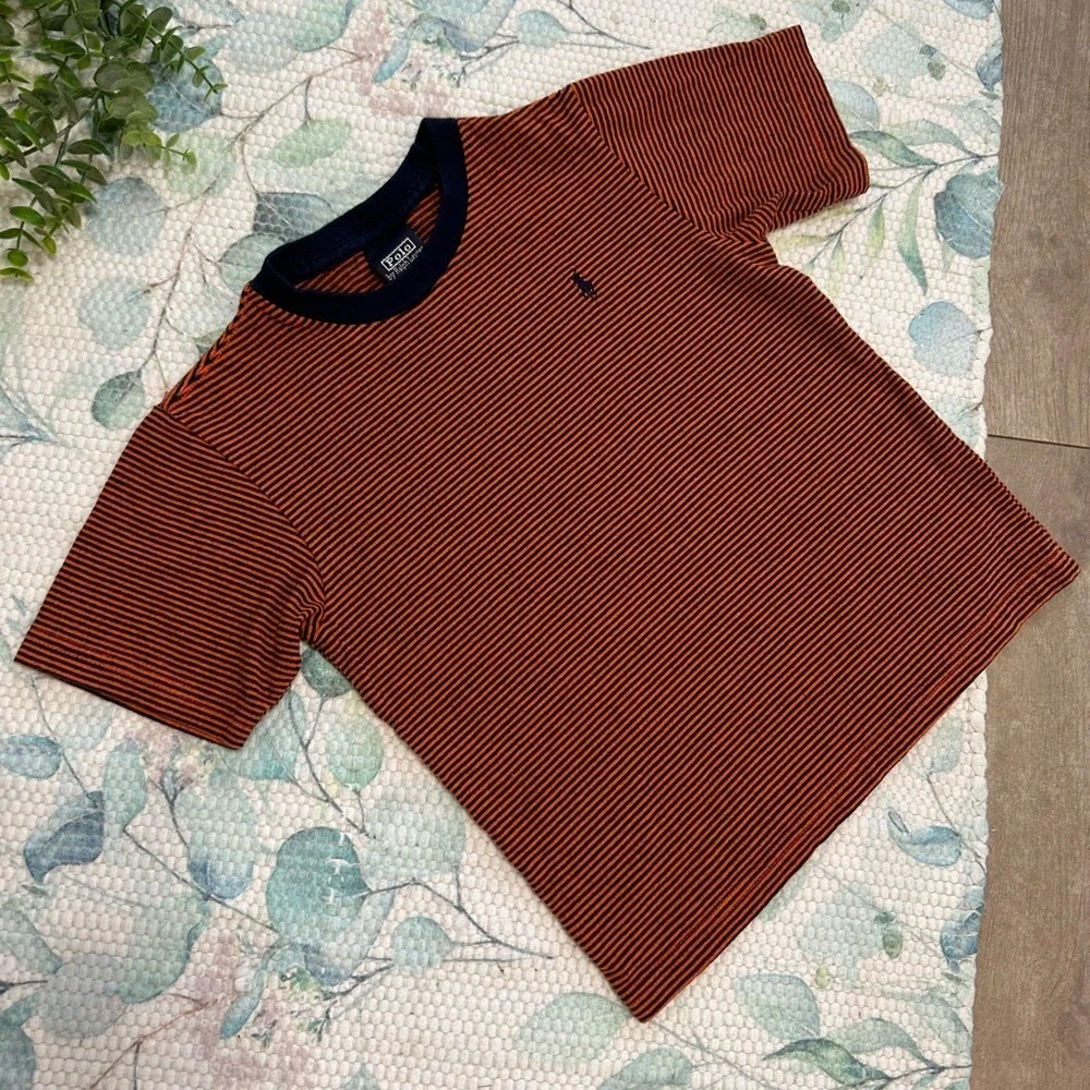 Rare Vintage Polo Ralph Lauren Little Boys Orange and Navy Striped Tee Size 5